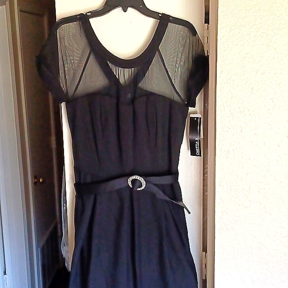 Black Semi forum Mesh Top, Belted Dress w/Embellish Crystal buckle.